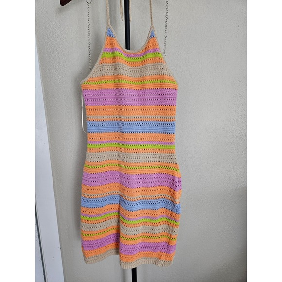 House of Harlow 1960 Crochet Mini Dress Womens L Multi Color Striped Boho - Picture 2 of 8
